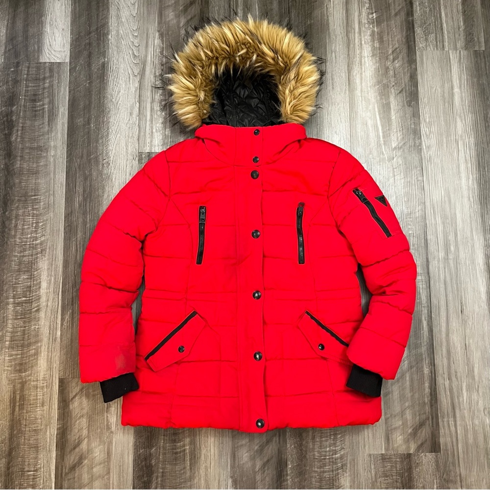 Red Guess Puffer Jacket with Faux Fur Hood